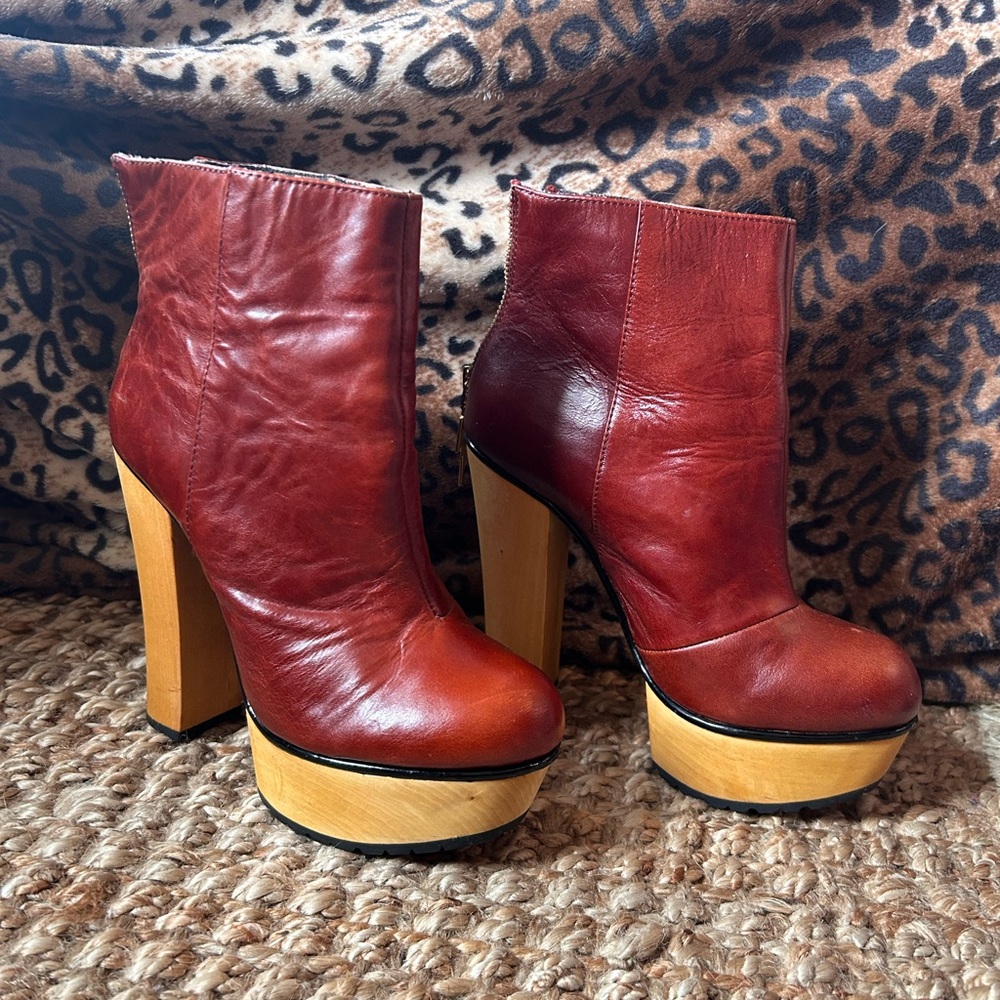 Betsey Johnson Red Leather Platform Ankle Boots with Wood Block Heel